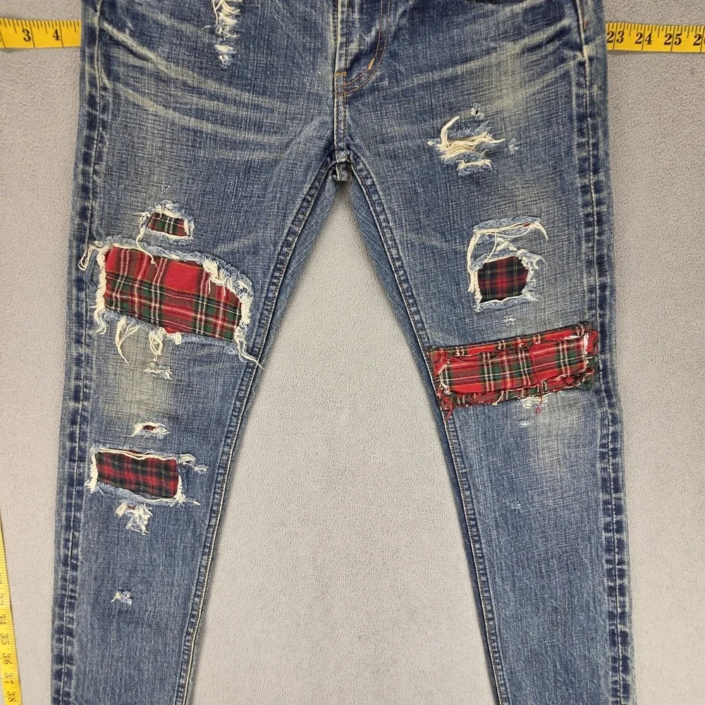 Selvedge Jeans Womens Blue Thrashed Patchwork Plaid Whiskers Studded‎ Fits 27x30